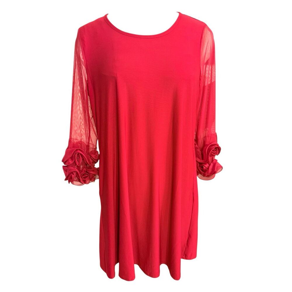 NWT Nina Leonard Red Party Dress Sheer Ruffle Sleeves Packable Large